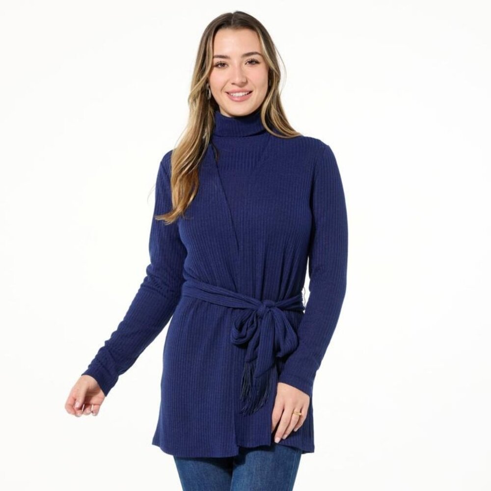 IMAN Global Chic Belted Ribbed Knit Cardigan Size Large Long Sleeve Blue Comfort